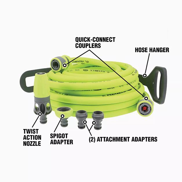 Bright green heavy-duty garden hose with quick-connect couplers, twist action nozzle, spigot adapter, and hose hanger in watering tools collection