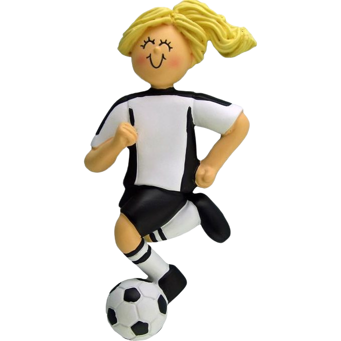 Blonde female soccer player figurine wearing black and white uniform kicking ball for Christmas tree decoration