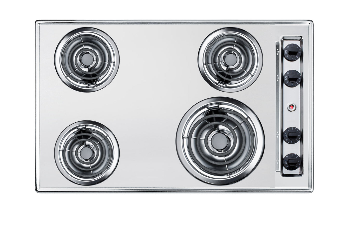Silver 30-inch electric 4-burner coil cooktop with control knobs on the side from kitchen appliances collection