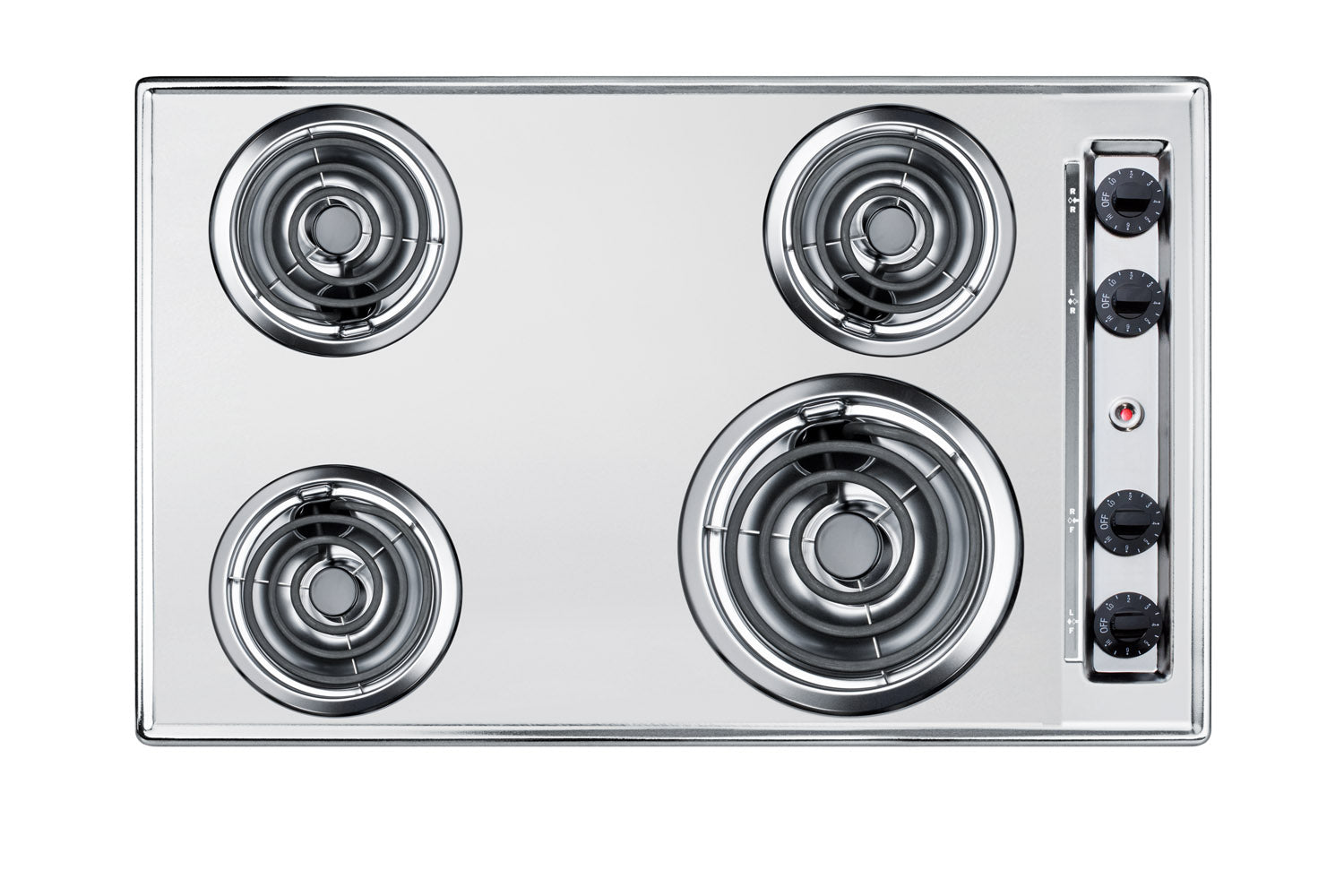 Silver 30-inch electric 4-burner coil cooktop with control knobs on the side from kitchen appliances collection