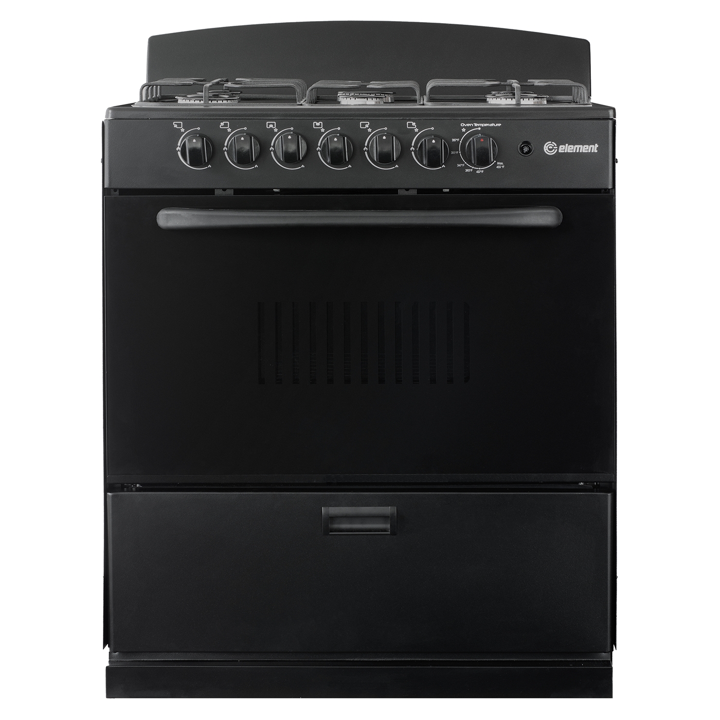 Black 30-inch gas range with six control knobs, large oven door, lower storage drawer, and backguard panel, suitable for Ranges, Gas Ranges, Kitchen & Kitchenware, Appliances, and Ranges & Cooktops collections.