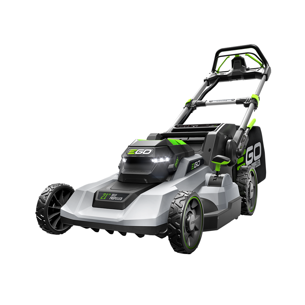 Cordless 21-inch self-propelled mower with integrated LED lights and ergonomic handle for efficient yard care.