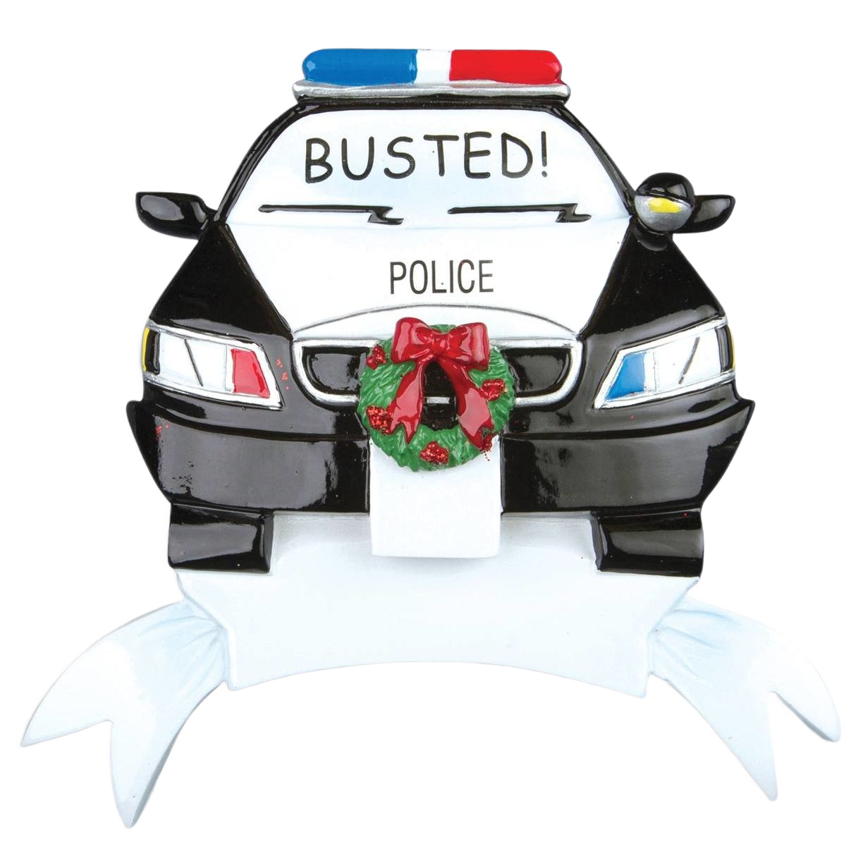 Ceramic police car ornament with "Busted" text and Christmas wreath, festive holiday decor under $50 collection