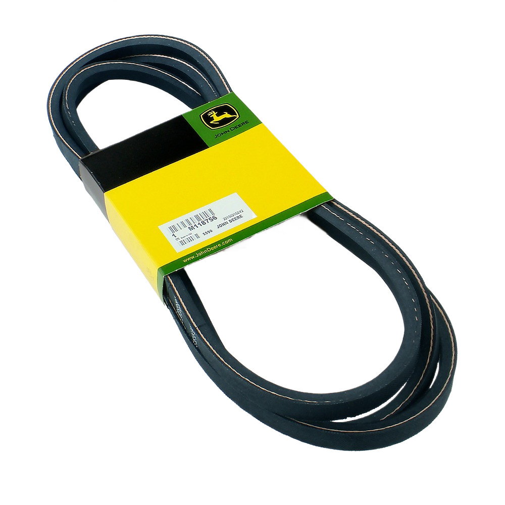 Black multi-ribbed drive belt with yellow and green John Deere branded sleeve for automotive and tractor parts under $100 collection
