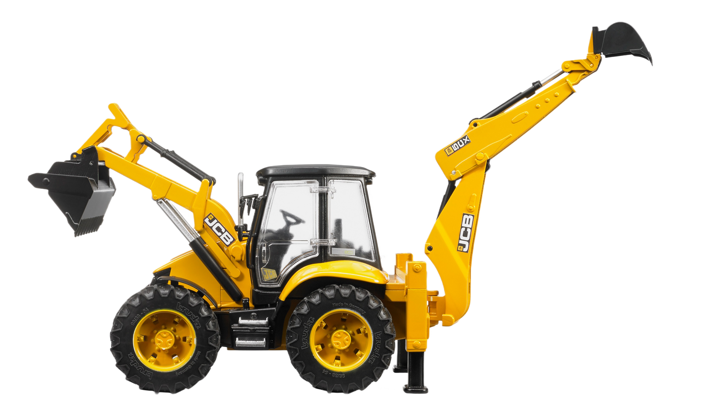 Yellow Bruder construction toy backhoe loader with movable arm and detailed cabin in vehicles and toys collections