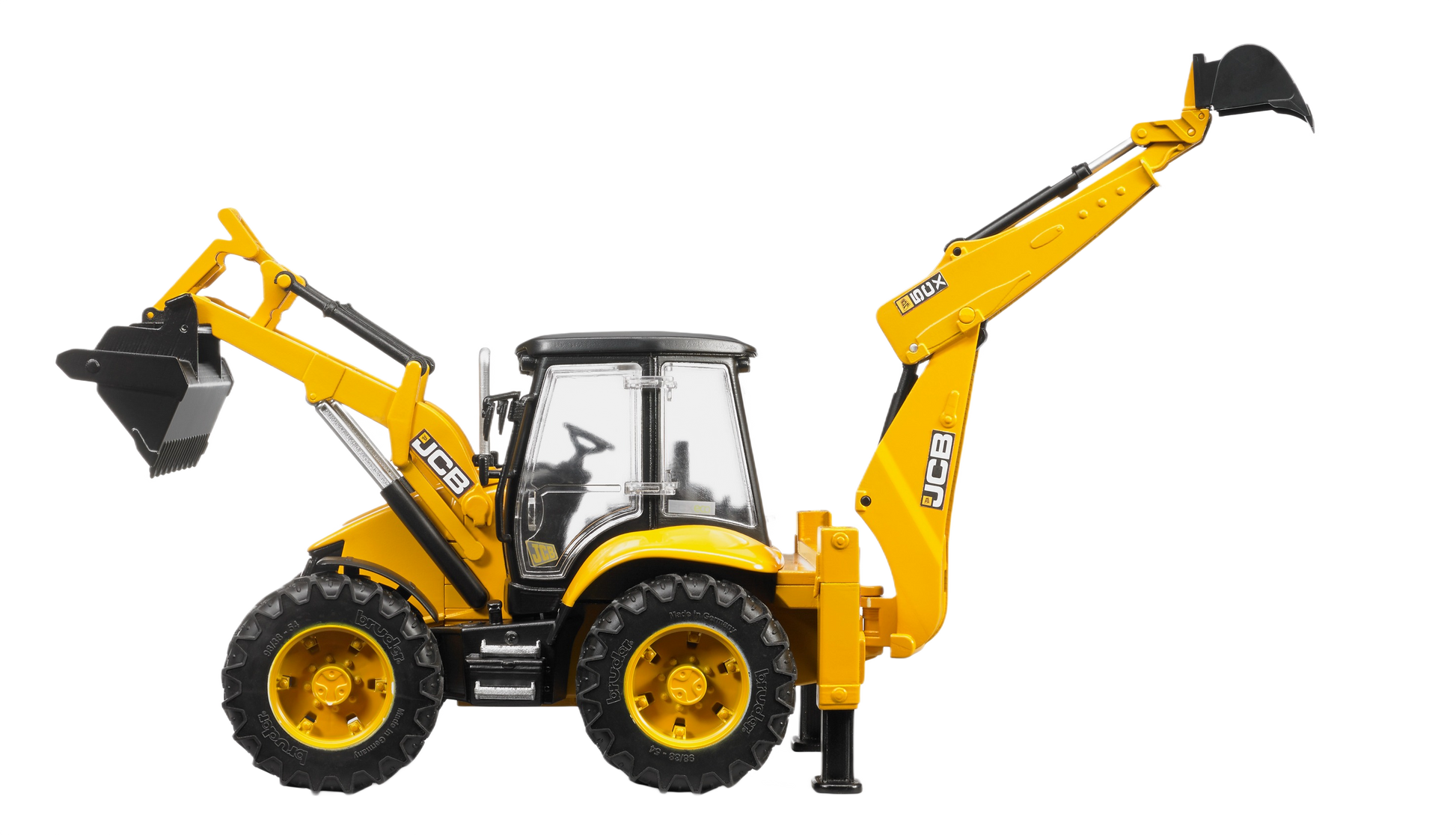 Yellow Bruder construction toy backhoe loader with movable arm and detailed cabin in vehicles and toys collections