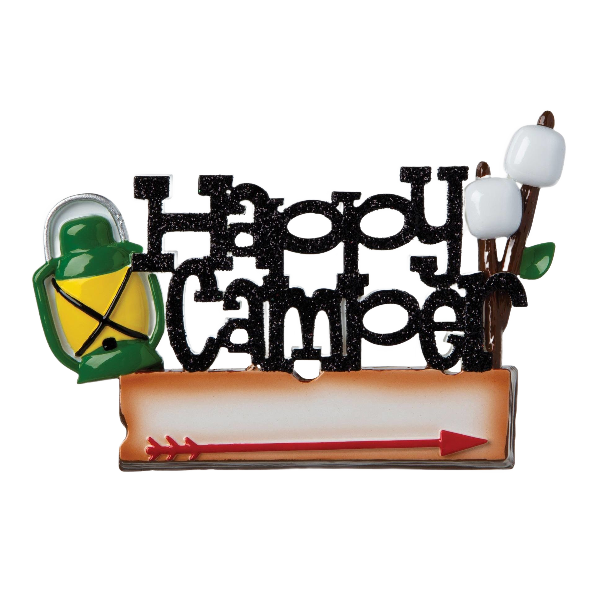 Black glitter "Happy Camper" ornament with green lantern marshmallow sticks and red arrow sign under 50 Christmas decor