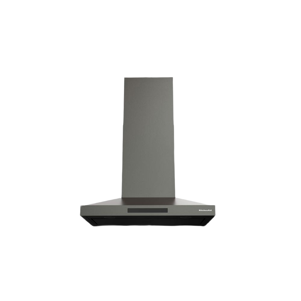 Sleek modern stainless steel wall-mount range hood with four-speed fan and canopy design, part of KitchenAid Appliances and Kitchen & Kitchenware collections.