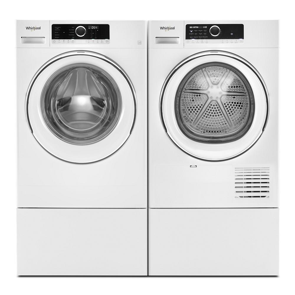 Front load washer and dryer set in white with matching pedestals, part of appliance parts and accessories for laundry.
