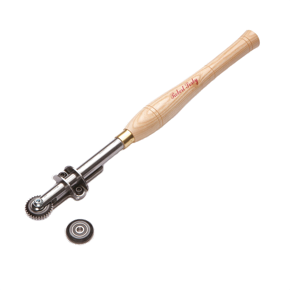 Woodturning spiralling tool with wooden handle and additional metal spiral wheel for woodworking tools collection