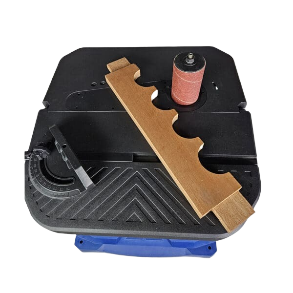 Black benchtop sander table with angle guide and sanding drum for woodworking and home improvement tools