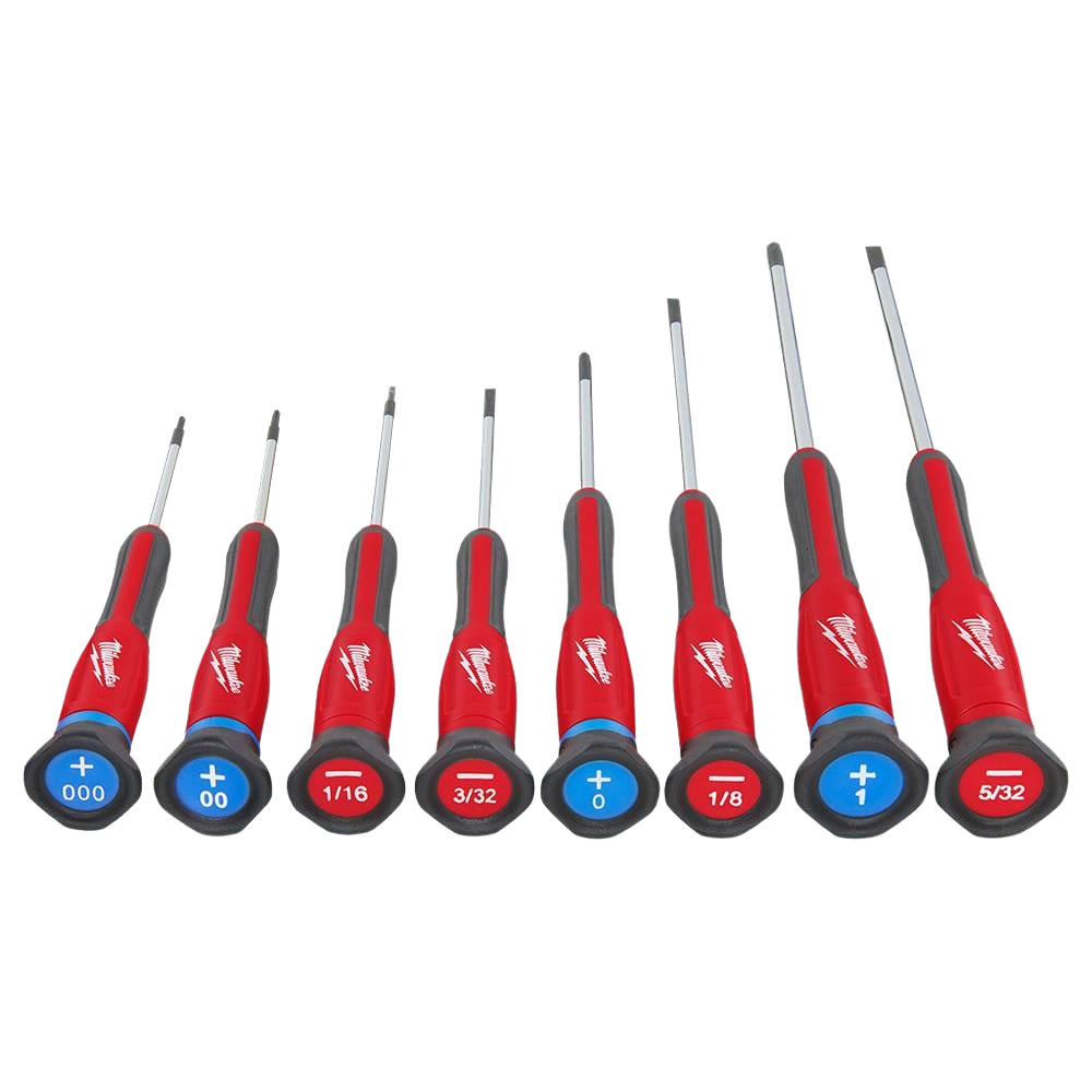 Set of eight red and black precision screwdrivers with various tip sizes for detailed tools and home improvement tasks