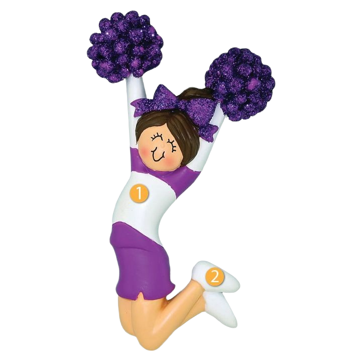 Brunette female cheerleader figurine jumping with purple pom-poms in Christmas Ornaments & Tree Decorations collection