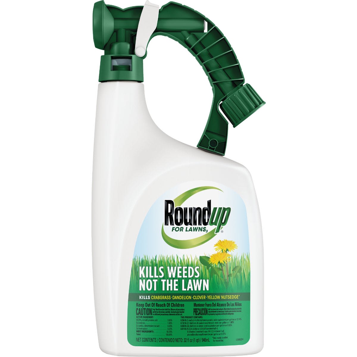 White spray bottle with green trigger and label for lawn weed control in lawn care collections under $50