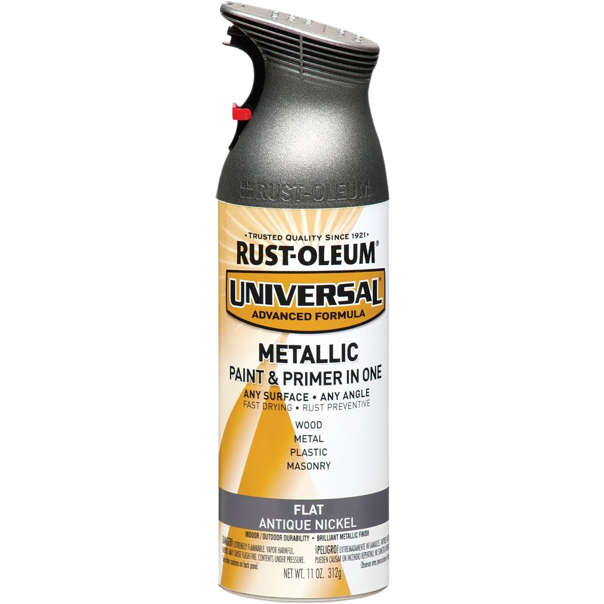 Rust-Oleum flat antique nickel metallic paint and primer spray for multi-surface use in home improvement projects