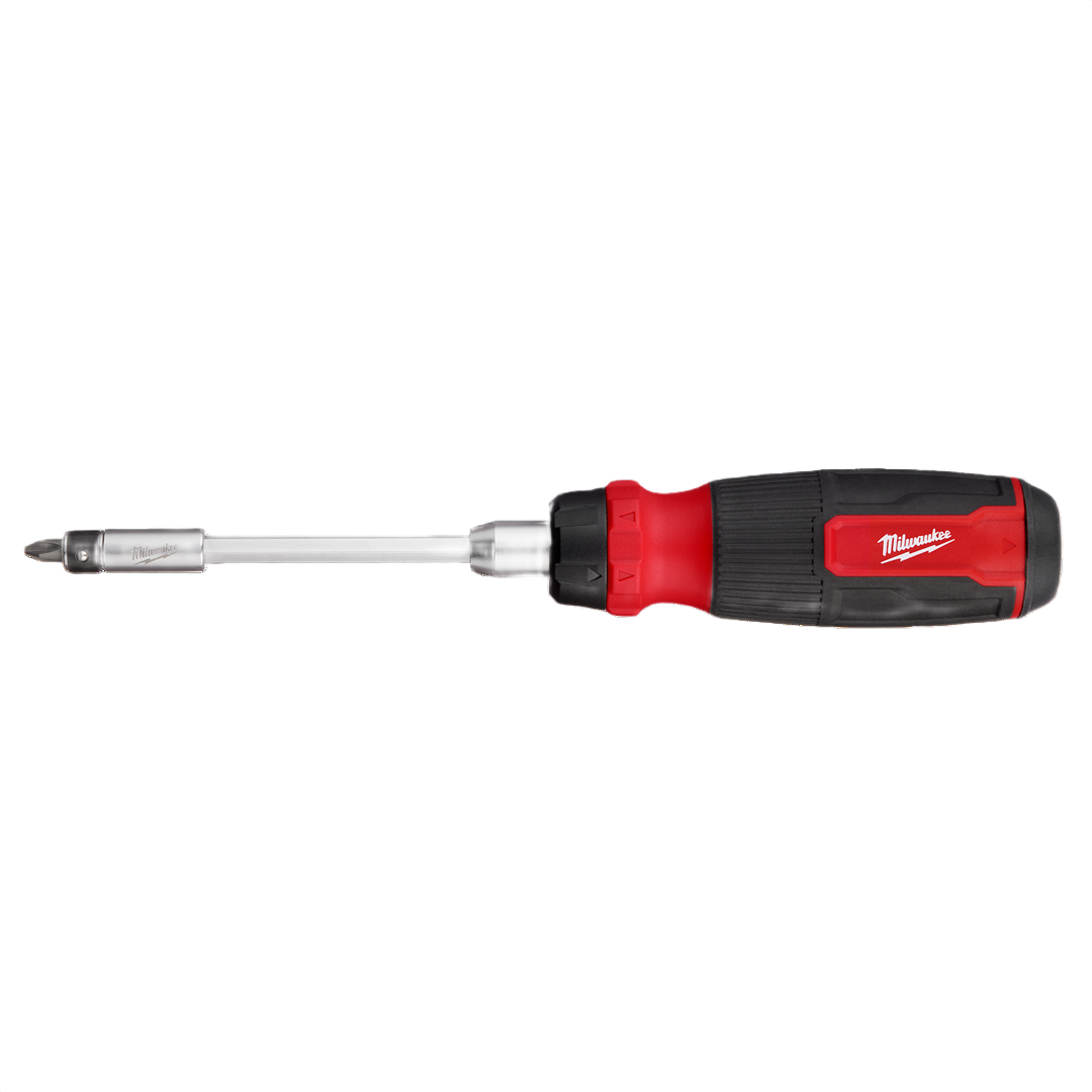Ratchet screwdriver with ergonomic red and black handle and interchangeable bit for versatile tools and home improvement tasks
