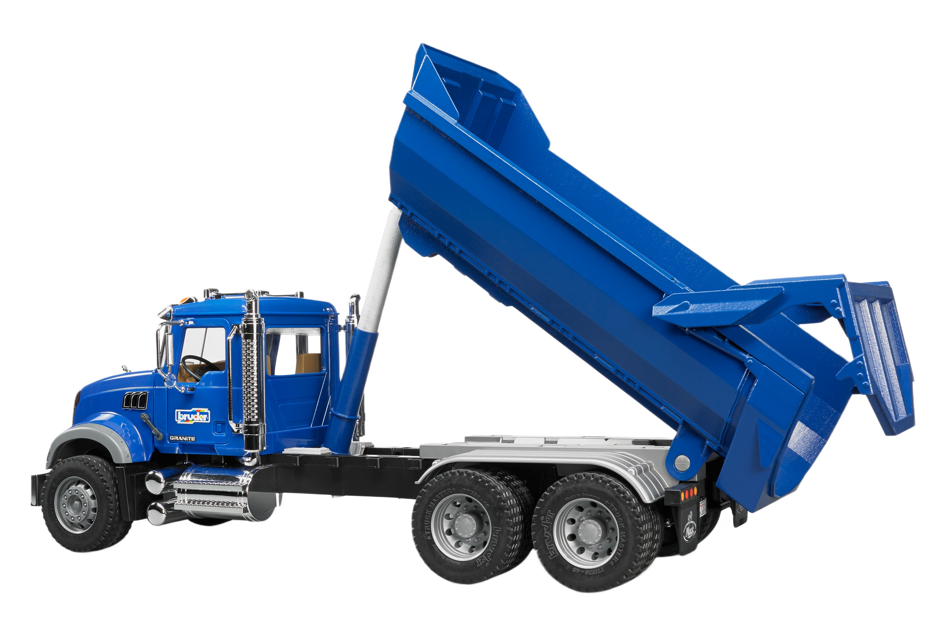 Blue Bruder 1:16 scale MACK Granite halfpipe dump truck toy with tipping bed in vehicles and remote-controlled toys collection