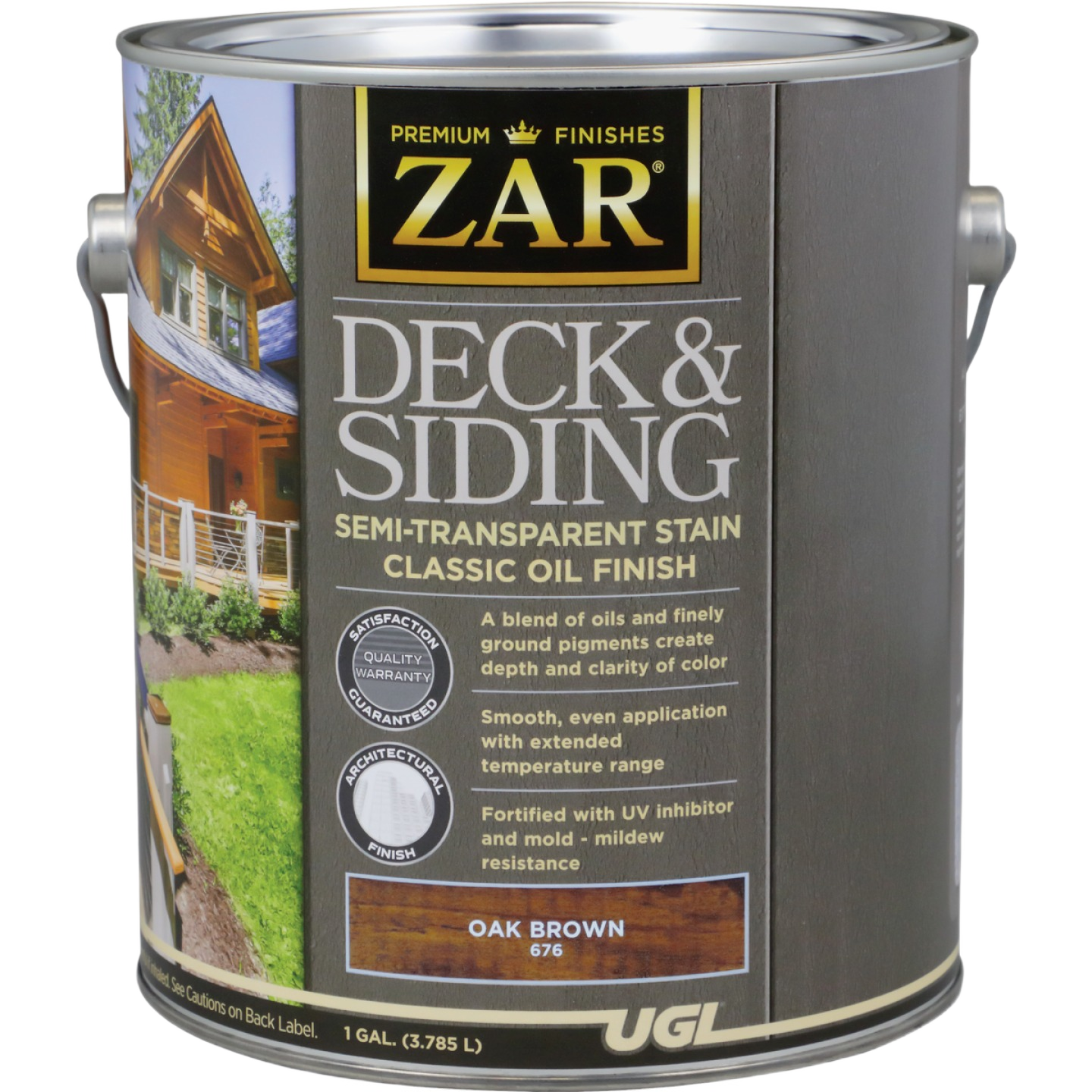 One gallon can of semi-transparent oak brown deck and siding stain with UV protection for exterior wood finishing