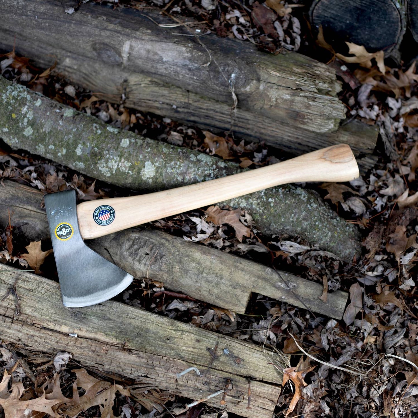 Kindling axe with smooth wooden handle and polished steel head resting on weathered logs in tool accessories collection
