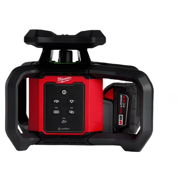 Red and black rotary laser level with wireless remote capability and rechargeable battery for precise home improvement tasks