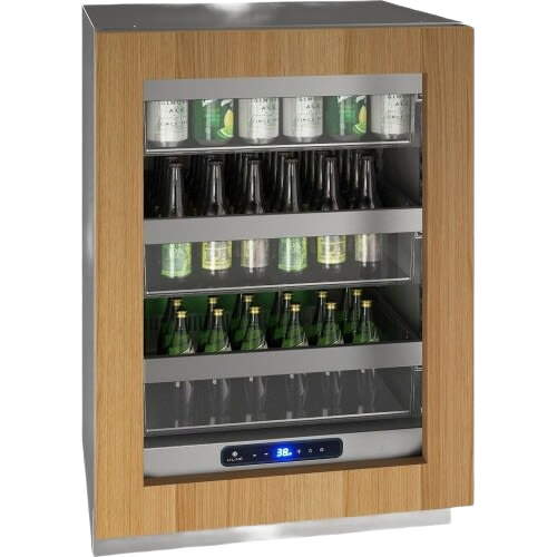 Built-in beverage cooler with bamboo frame, glass door, digital temperature display, and four adjustable shelves from appliances collection