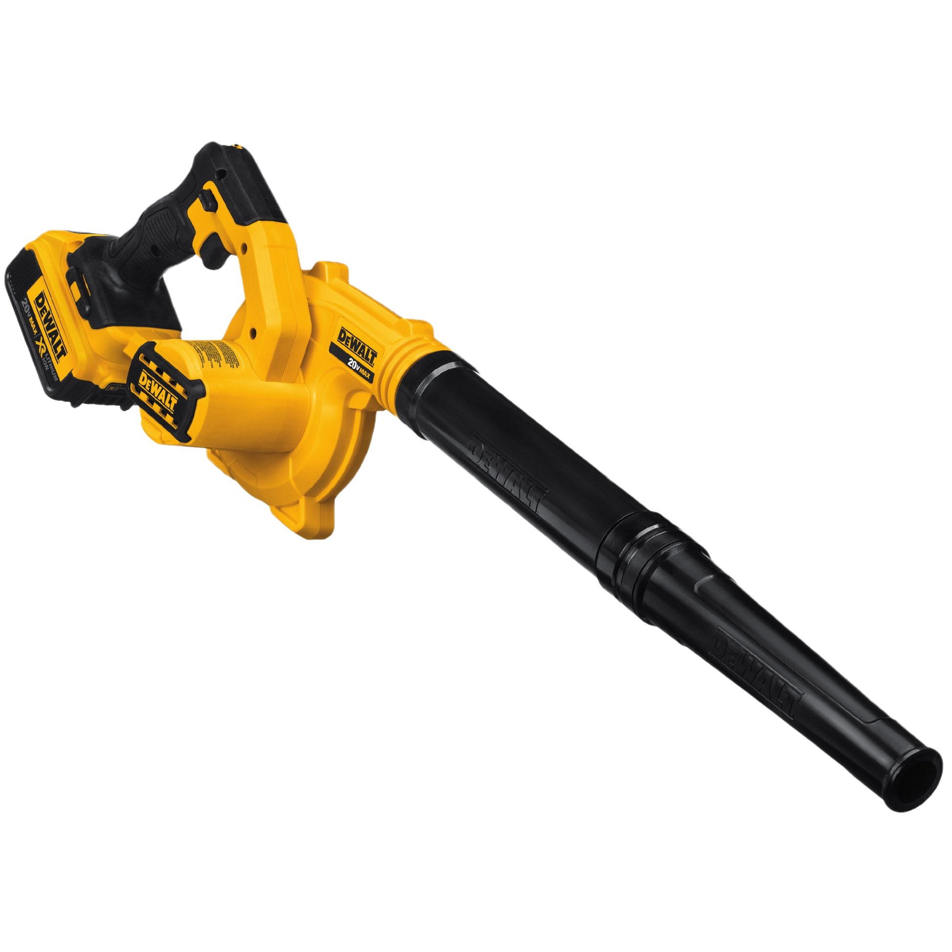 Yellow and black cordless leaf blower with 20V battery for outdoor power and home improvement tasks