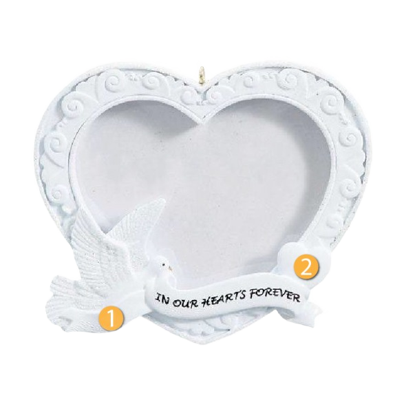 White heart-shaped photoframe ornament with dove and banner reading In Our Hearts Forever for Christmas collection under $50