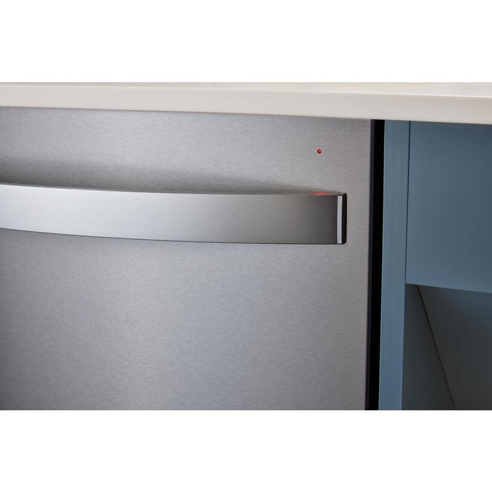 Close-up of stainless steel built-in dishwasher handle flush with cabinetry in modern kitchen appliances collection