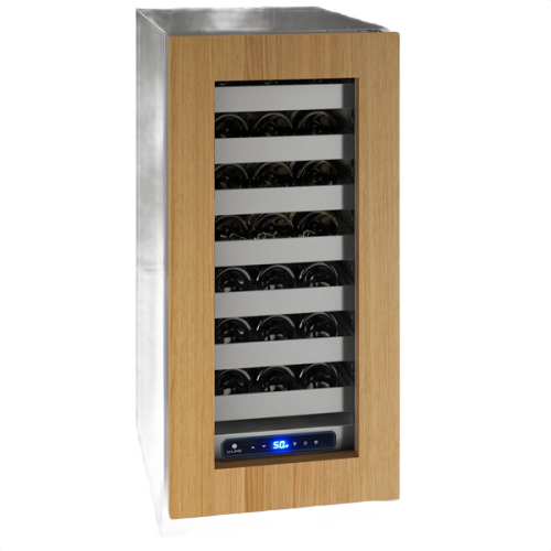 Compact wine refrigerator with glass door, wooden frame, digital temperature control, and multiple bottle storage shelves