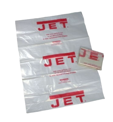 Clear plastic replacement collection bags with red Jet logos for dust collectors in woodworking and home improvement projects