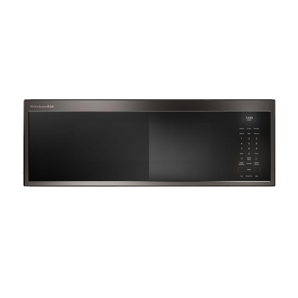 Sleek black low profile microwave with digital touch controls and dual fan ventilation in KitchenAid appliances at Hartville Hardware