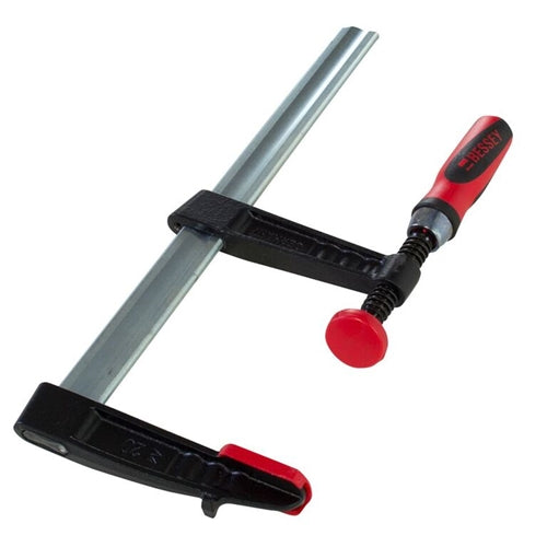 Metal bar clamp with black and red ergonomic handle for woodworking tools and home improvement projects under $50