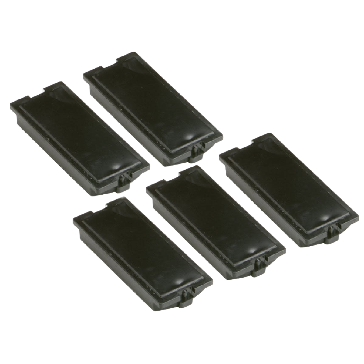 Set of five black plastic 1-inch breaker filler plates for electrical panel organization and home improvement.