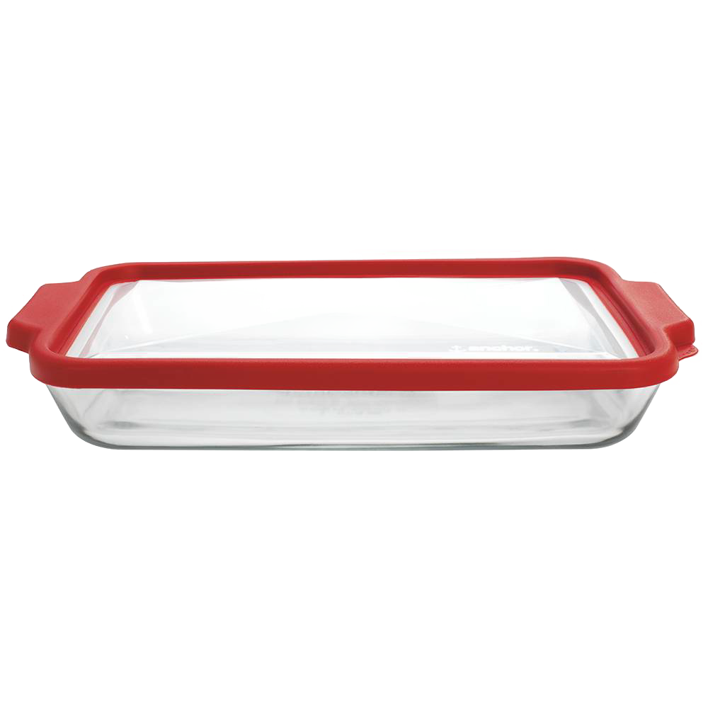Clear glass rectangular bakeware dish with red airtight plastic lid for kitchenware and food storage under $50
