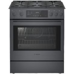 black stainless steel 30-inch gas range with touch control panel and heavy-duty metal knobs in kitchen appliances collection
