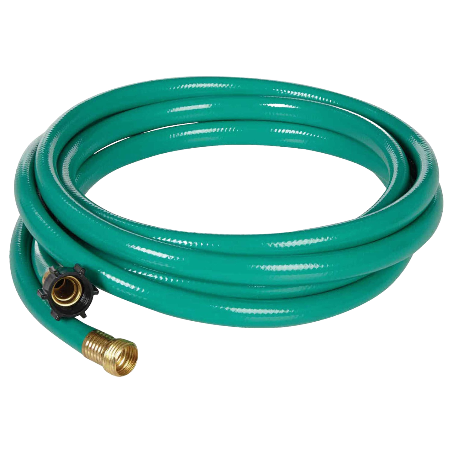 Green garden leader hose with brass male and female couplings for watering and irrigation in lawn and garden tools collection