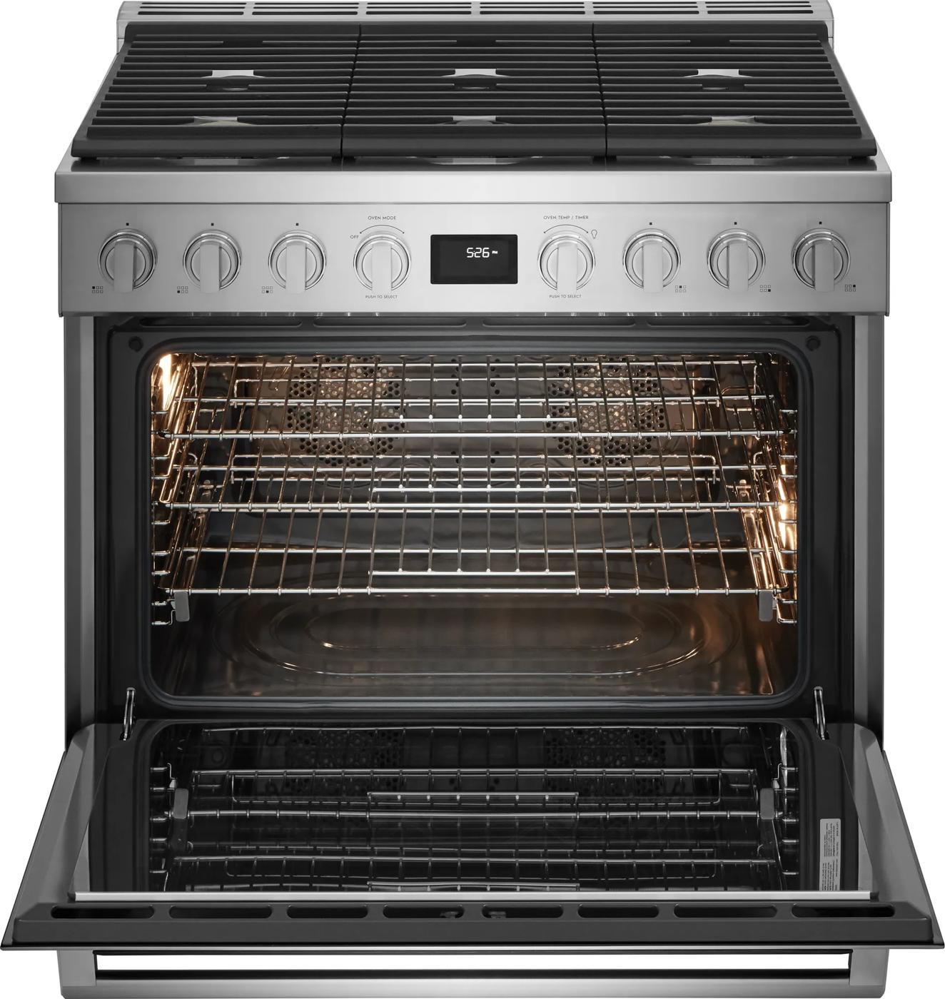 Stainless steel dual-fuel freestanding range with gas burners, electric oven, digital display, and open oven door for kitchen appliances collections