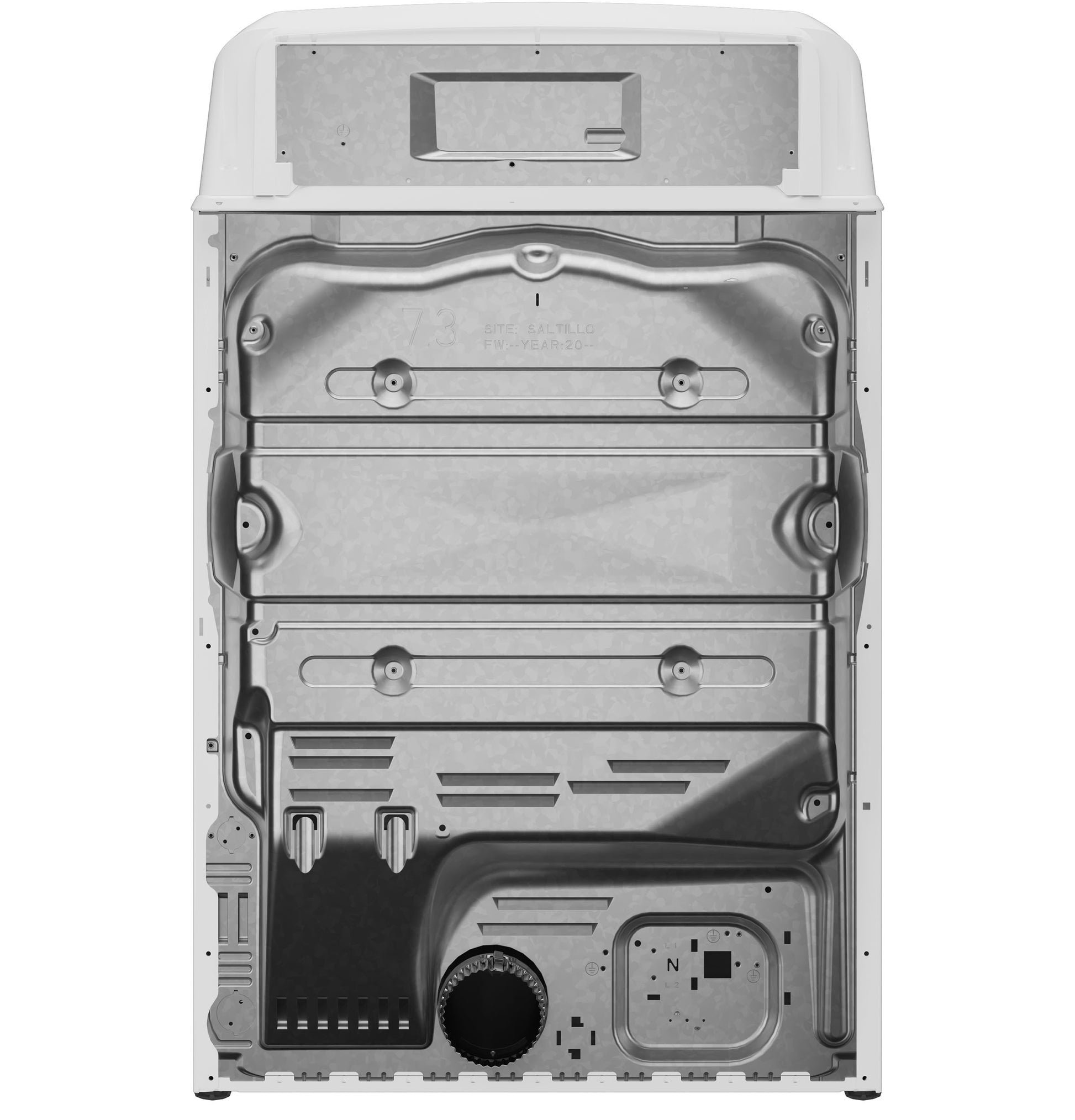Rear view of metal back panel and mounting details for a gas dryer from the Dryers and Appliances collection