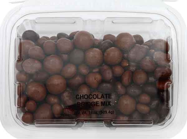 Clear plastic container filled with assorted milk and dark chocolate-covered snacks from Chocolates & Candies collection under $50