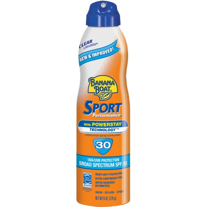 Orange and blue spray sunscreen bottle with SPF 30, designed for sport performance and skin protection in health and beauty collection