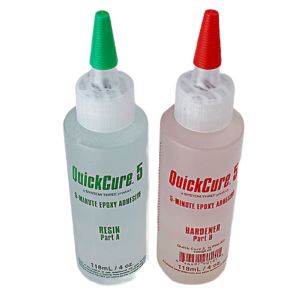 Two clear plastic bottles with green and red caps containing quick-curing epoxy resin and hardener for home improvement projects