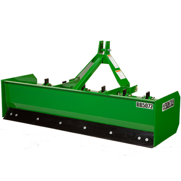 Green Frontier John Deere BB20 box blade with reinforced cutting edge, part of rental earthmoving equipment for landscaping and construction at Hartville Hardware.