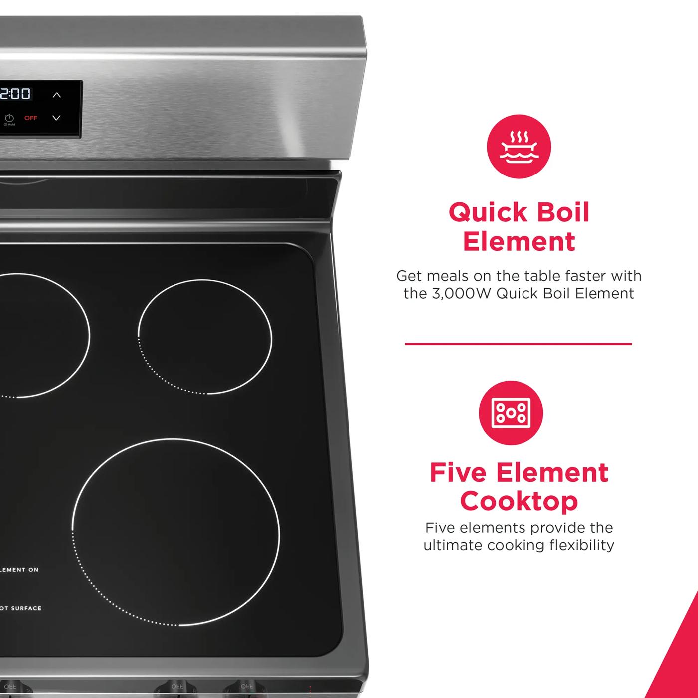 Electric range cooktop with five elements including a 3,000W quick boil element for flexible cooking options.