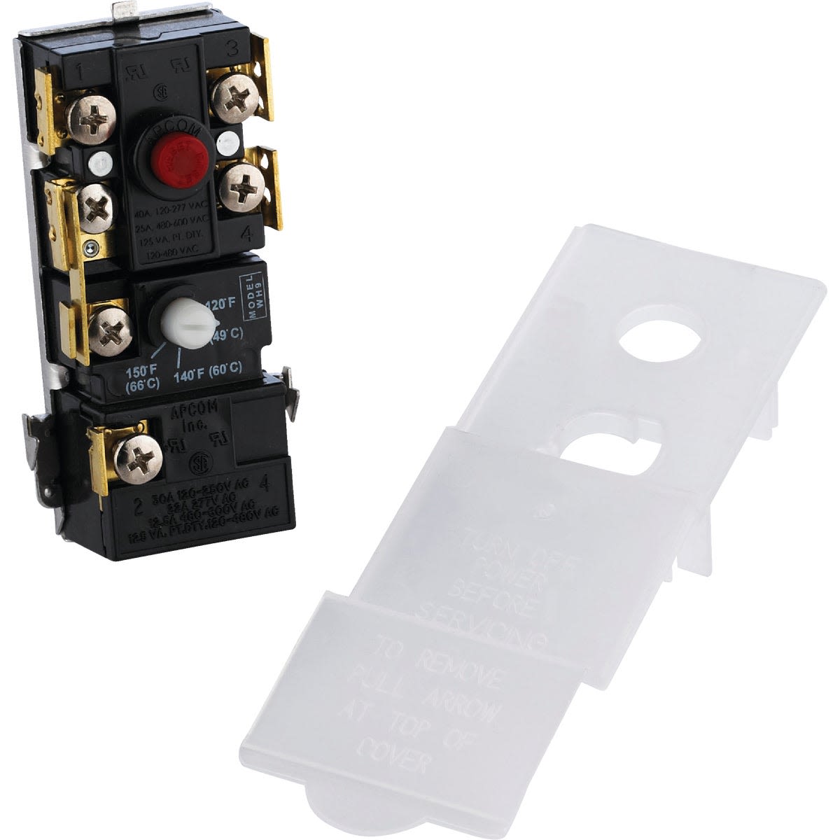 Single element water heater thermostat with safety red reset button and clear plastic protective cover for home improvement tools