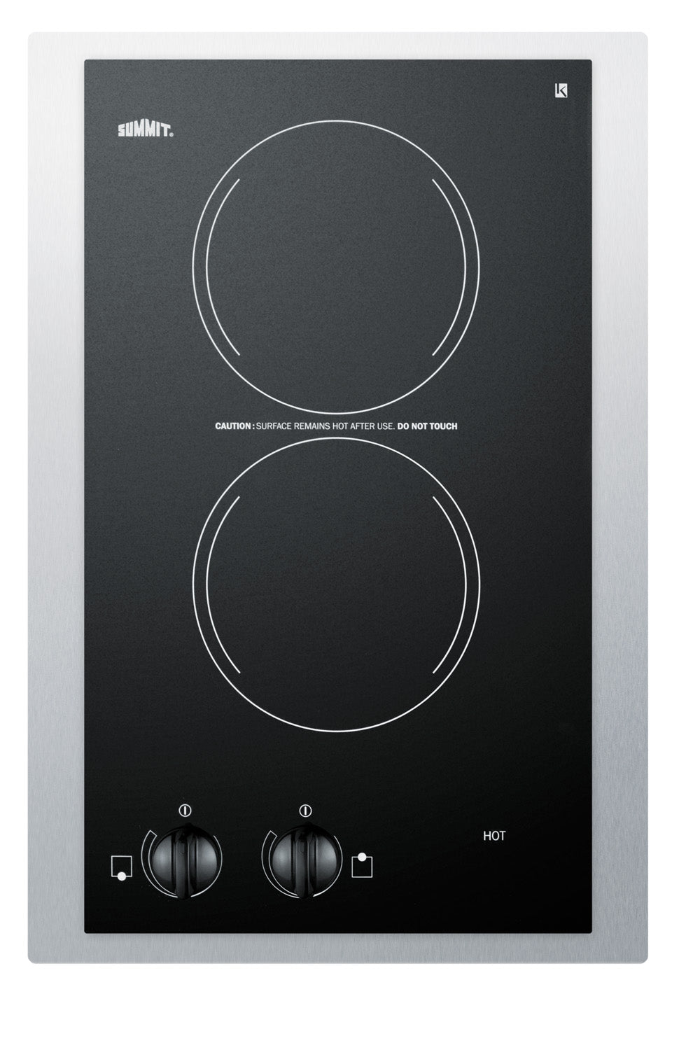 Compact black radiant cooktop with two burners and stainless steel trim for home improvement kitchens
