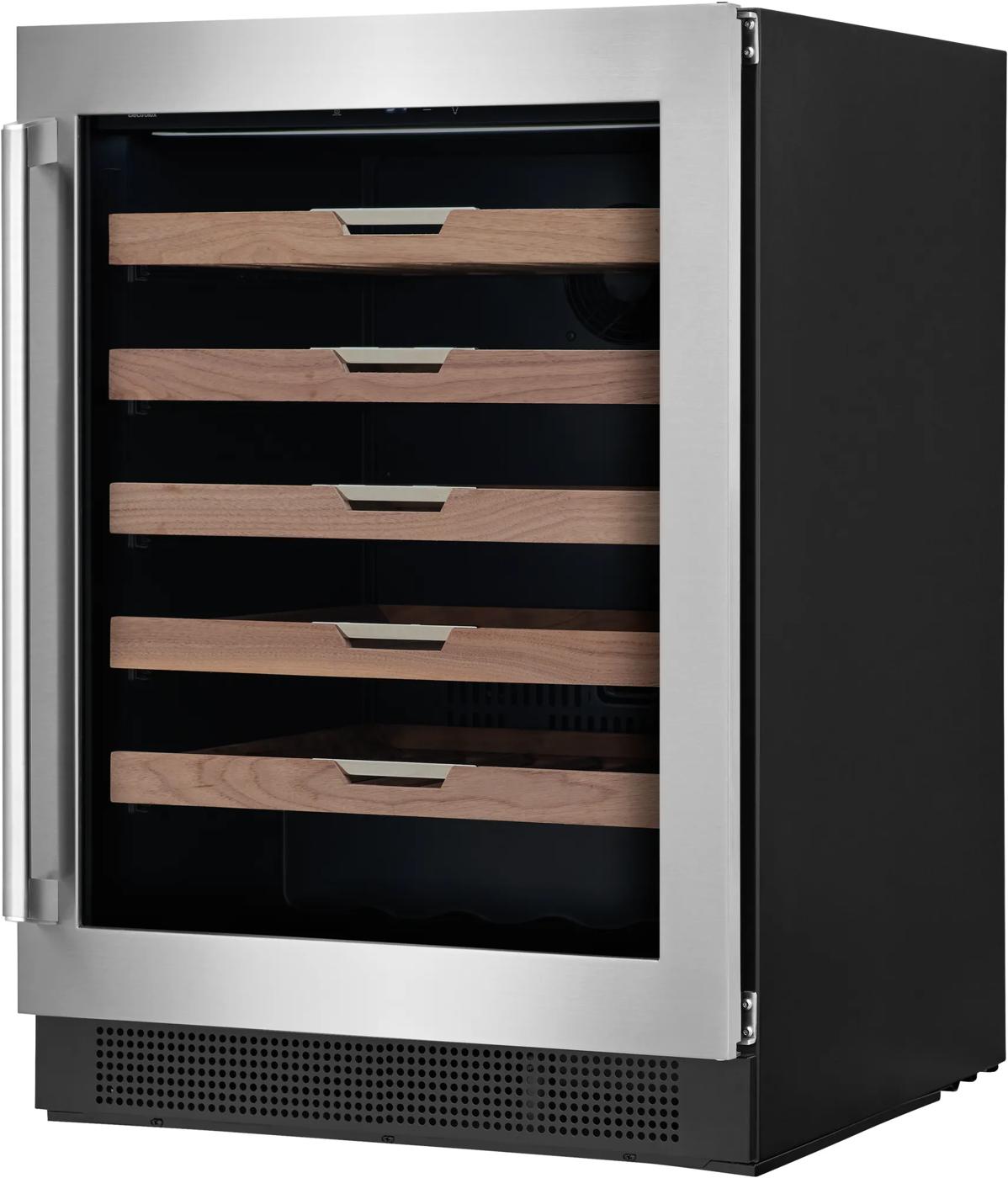 Under-counter beverage cooler with stainless steel door frame, glass front, and wooden shelving in mini refrigerators collection