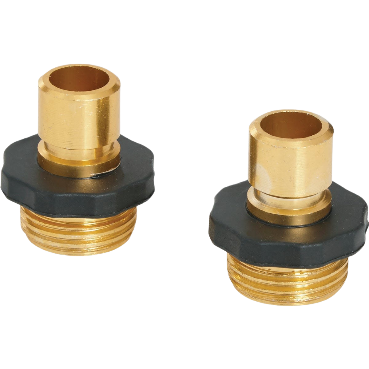 Two durable metal quick connect male connectors with black rubber grips for watering and irrigation tools collections