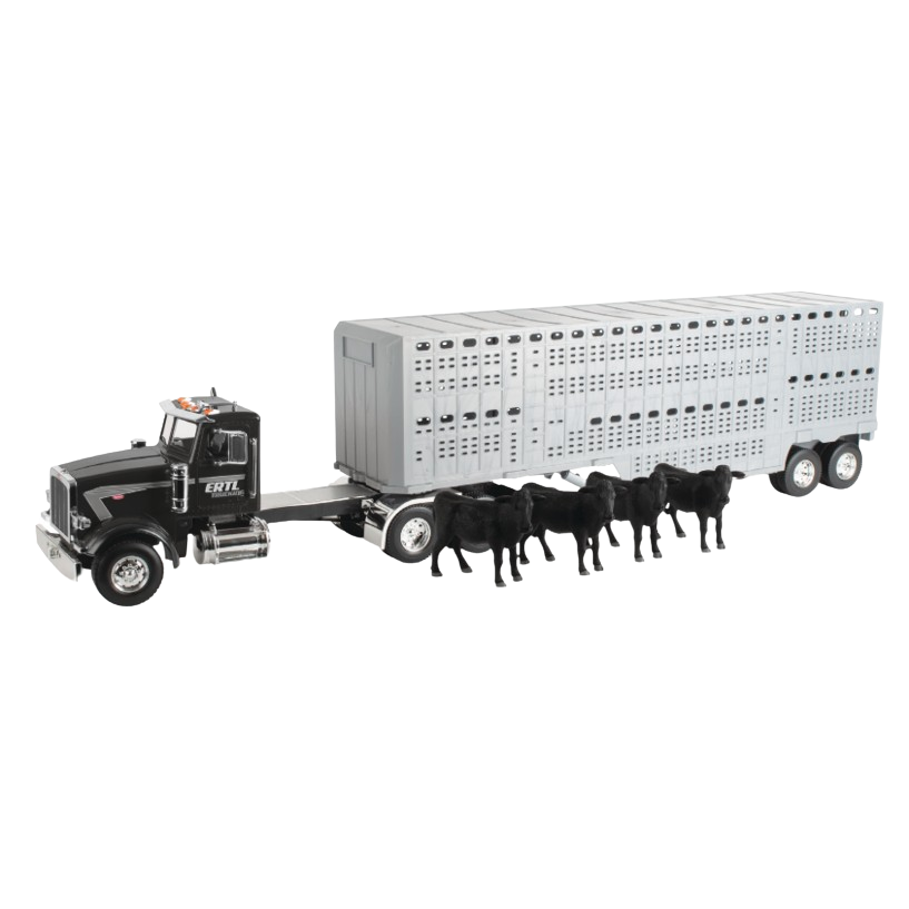 Black and silver farm livestock trailer toy with detailed cab and four miniature black cows in Vehicles & Remote Controlled Toys collection