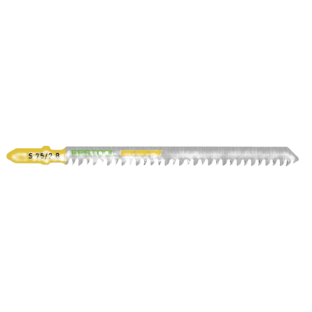 Single straight cut wood jigsaw blade with yellow shank and Festool branding for precision wood cutting tasks