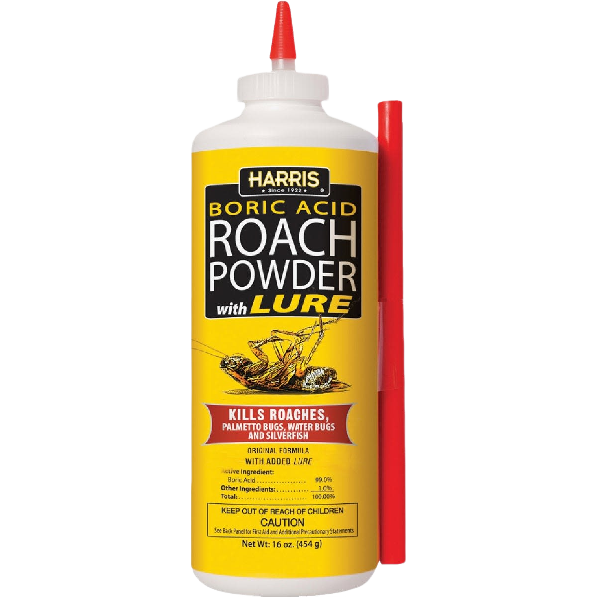 Yellow bottle of boric acid roach powder with red applicator for insect and pest control in home and garden use